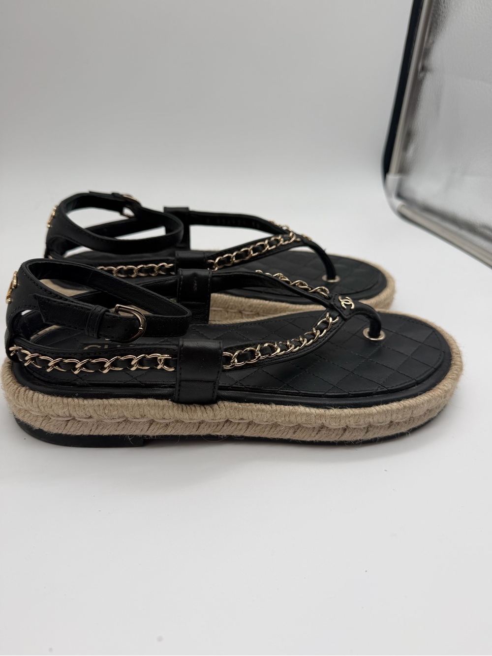 CHANEL Black Quilted Leather Chain Trim Espadrille Sandals Sz 38 - Picture 4 of 9